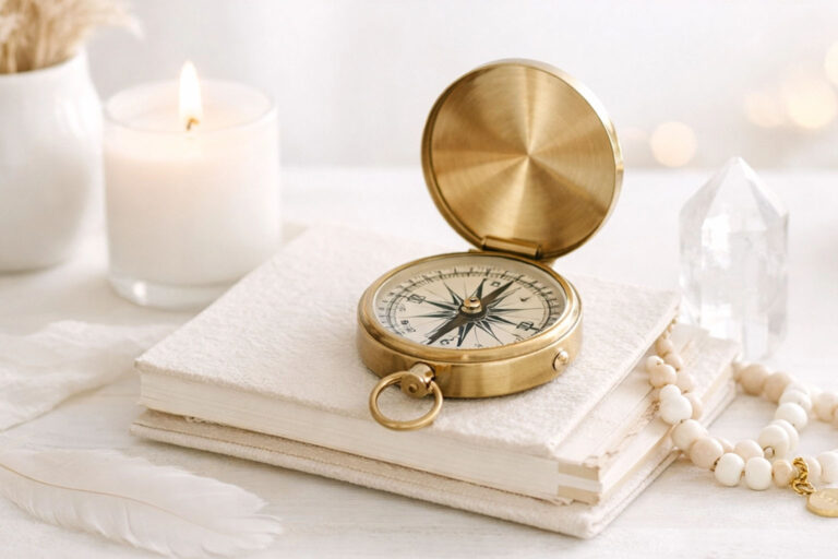 A brass compass sits open on two stacked white books, with a candle, crystal, feather, and beaded bracelet on a light surface.