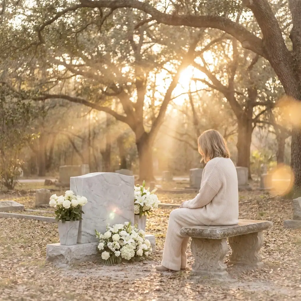 A woman in light clothing sits on a stone bench facing a grave with white flowers in a sunlit, tree-filled cemetery.