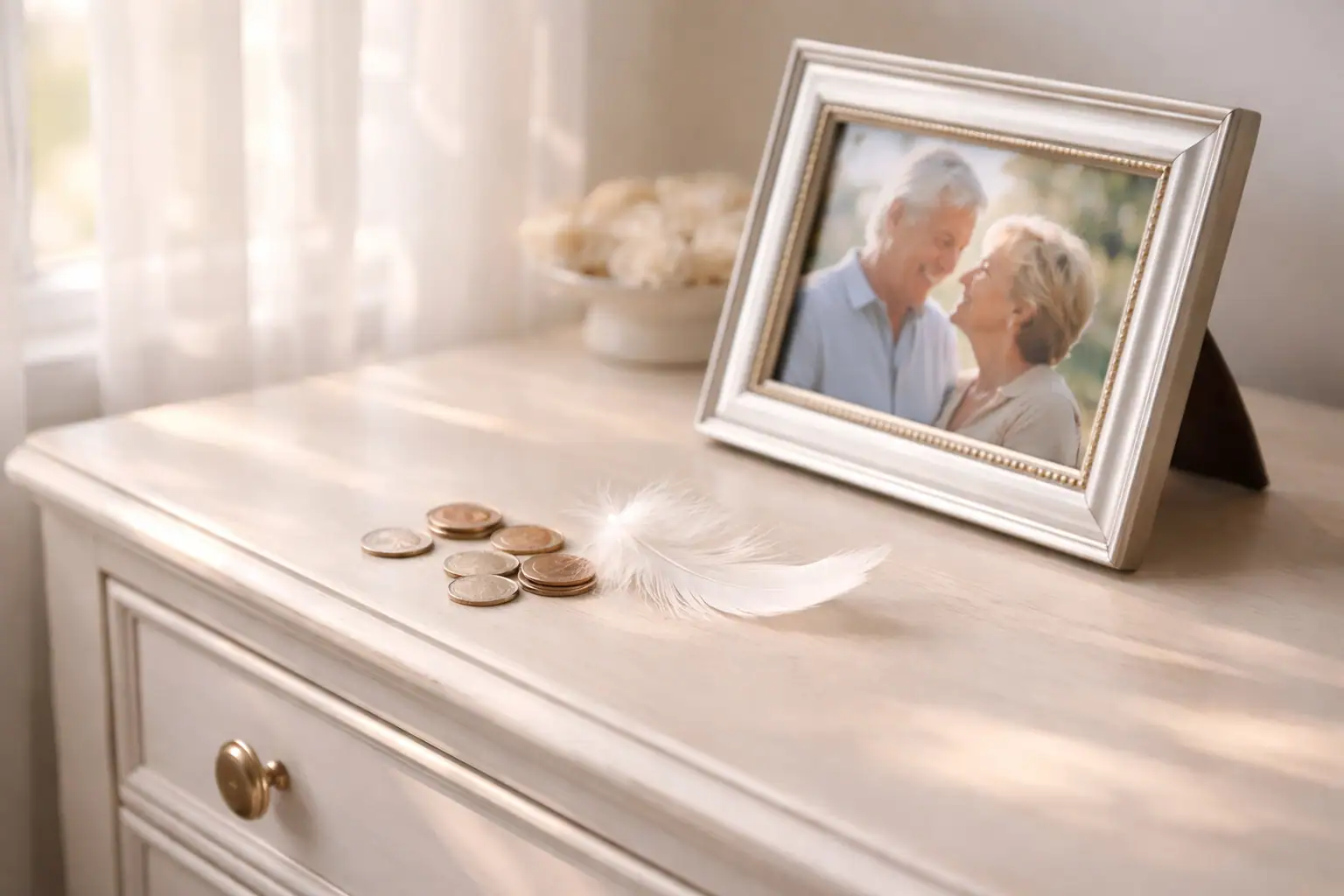 A white dresser with scattered coins and a white feather, next to a framed photo of an elderly Matt Fraser smiling at his partner.