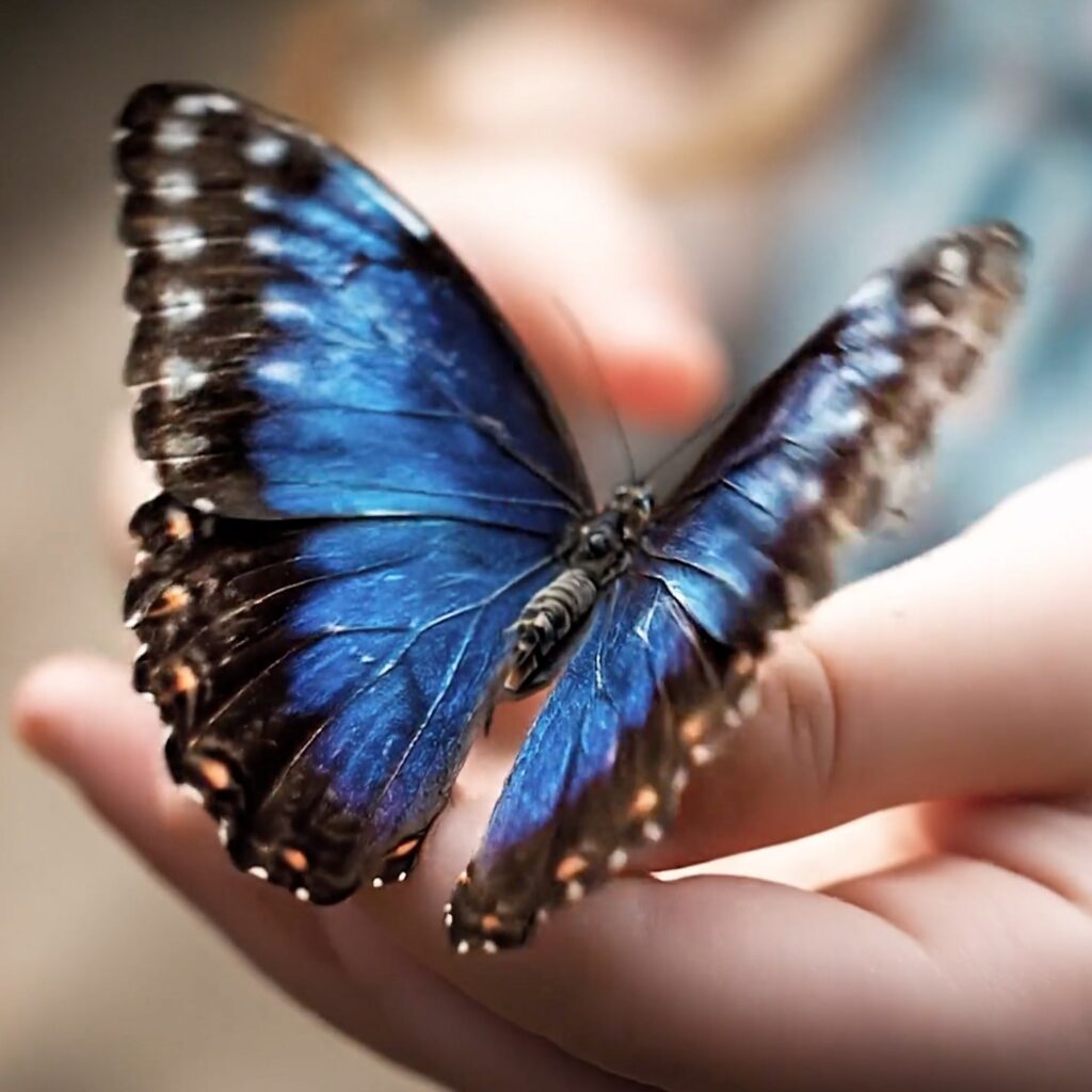A blue butterfly with black-edged wings rests on Matt Fraser's hand.