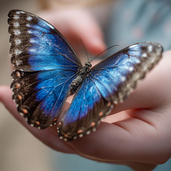 A close-up of a blue and black butterfly resting on Matt Fraser's hand.