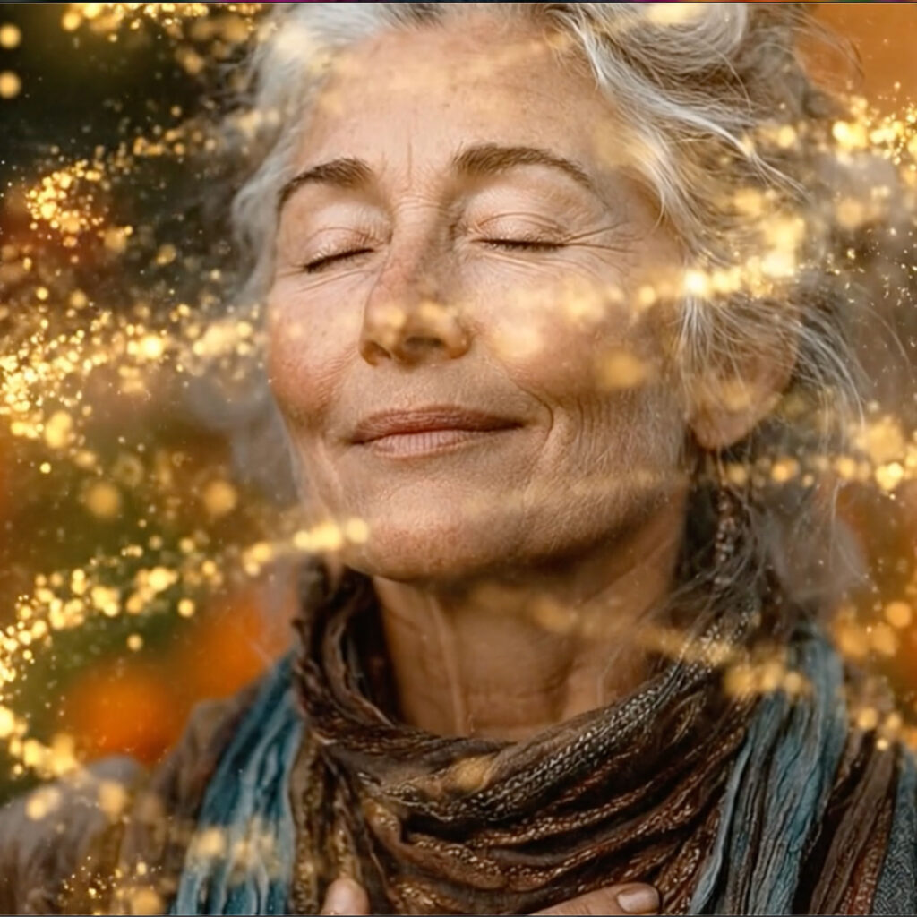 An older woman with gray hair smiles peacefully, eyes closed, glowing golden particles around her, scarf and brown clothing.