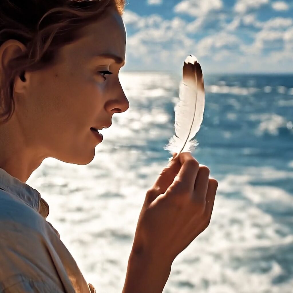 Matt Fraser holds up a feather, looking at it while standing near the ocean with bright sunlight reflecting off the water.