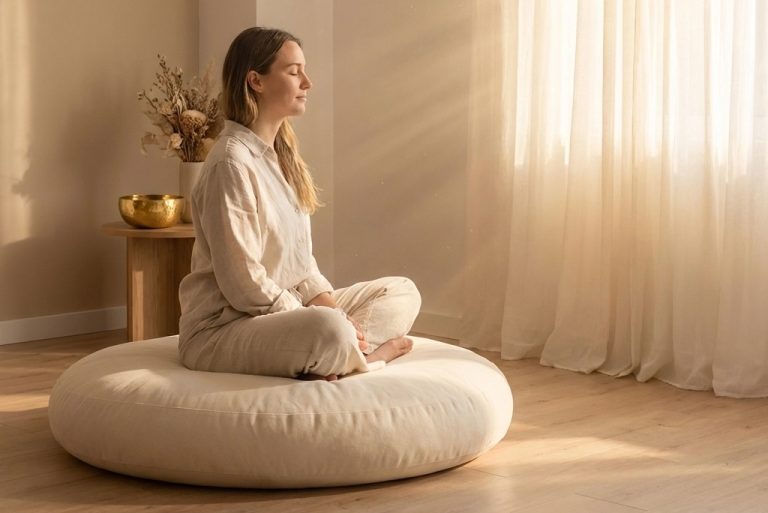 A woman in light clothing sits cross-legged on a round cushion, meditating in a sunlit room with sheer curtains and dried flowers nearby.