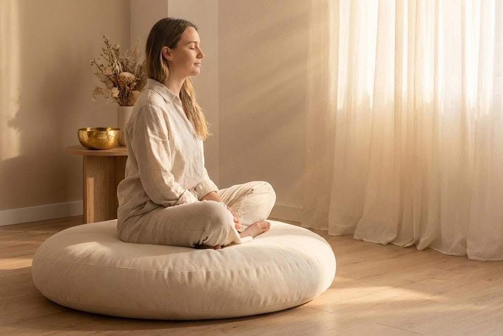 A woman in light clothing sits cross-legged on a round cushion, meditating in a sunlit room with sheer curtains and dried flowers nearby.