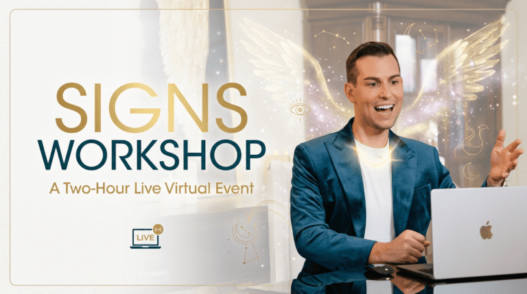 Matt Fraser in a blue suit speaks at a laptop for a "SIGNS WORKSHOP" event, with angel wings and symbols behind him.