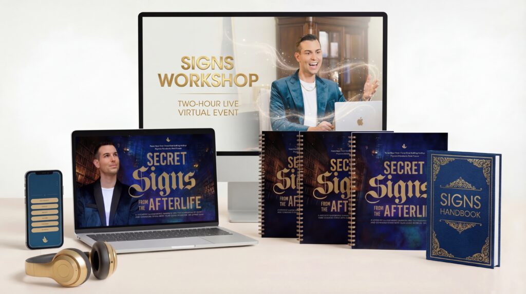 A digital workshop setup with devices, notebooks, a handbook, and headphones, all branded for Matt Fraser’s “Secret Signs Workshop.”.