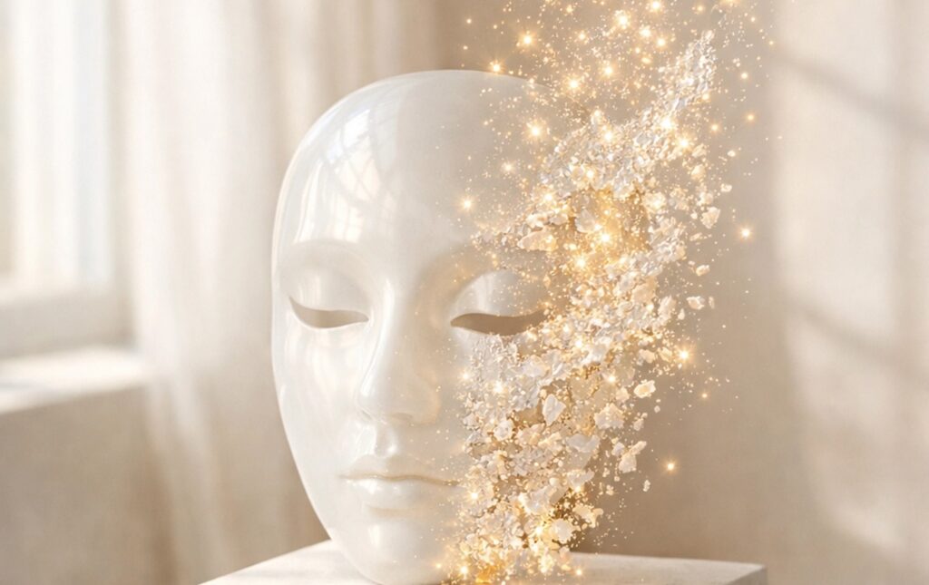 A white, expressionless mask sits on a pedestal as its right side dissolves into sparkling, golden particles—Matt Fraser isn’t present.