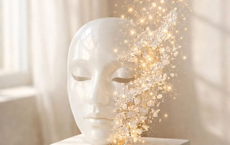 A white, expressionless mask sits on a pedestal as its right side dissolves into sparkling, golden particles—Matt Fraser isn’t present.