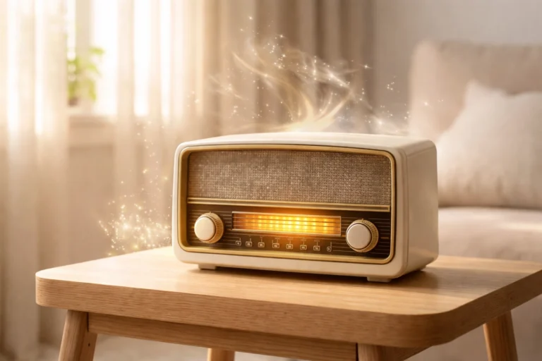 A vintage radio with glowing lights sits on a wooden table in a softly lit living room; no sign of Matt Fraser present.