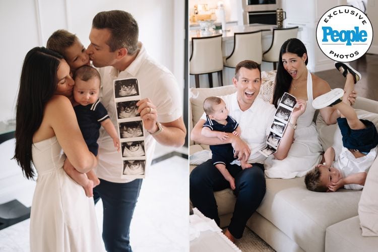 Matt Fraser poses with his partner, their two children, and ultrasound photos, all smiling at home in the kitchen and living room.