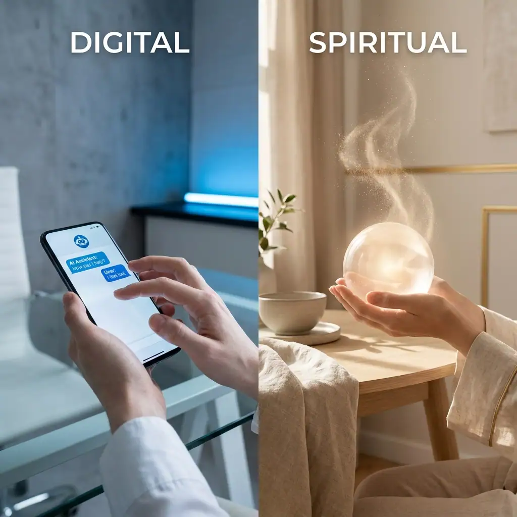 Split image: Matt Fraser uses a smartphone in a modern "DIGITAL" office, then holds a glowing orb in a cozy "SPIRITUAL" room.