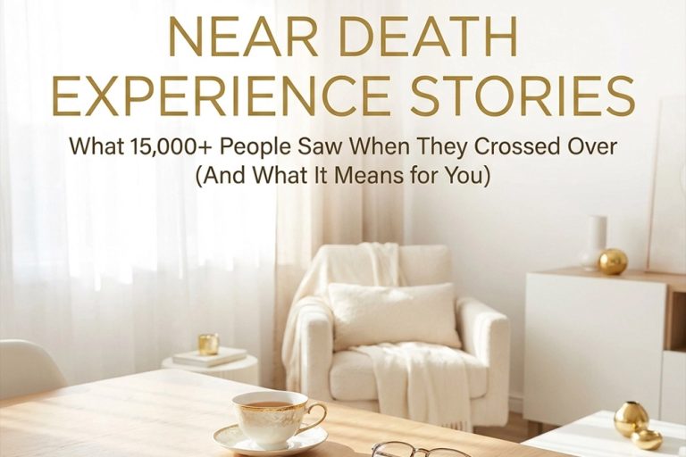 A cozy, bright living room with a white armchair, table, cup and saucer, and text about Matt Fraser’s near death stories above.