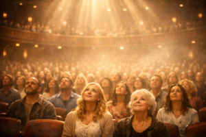 An audience sits in a theater, looking up toward the stage as warm light shines down on Matt Fraser and fills the room with a soft glow.