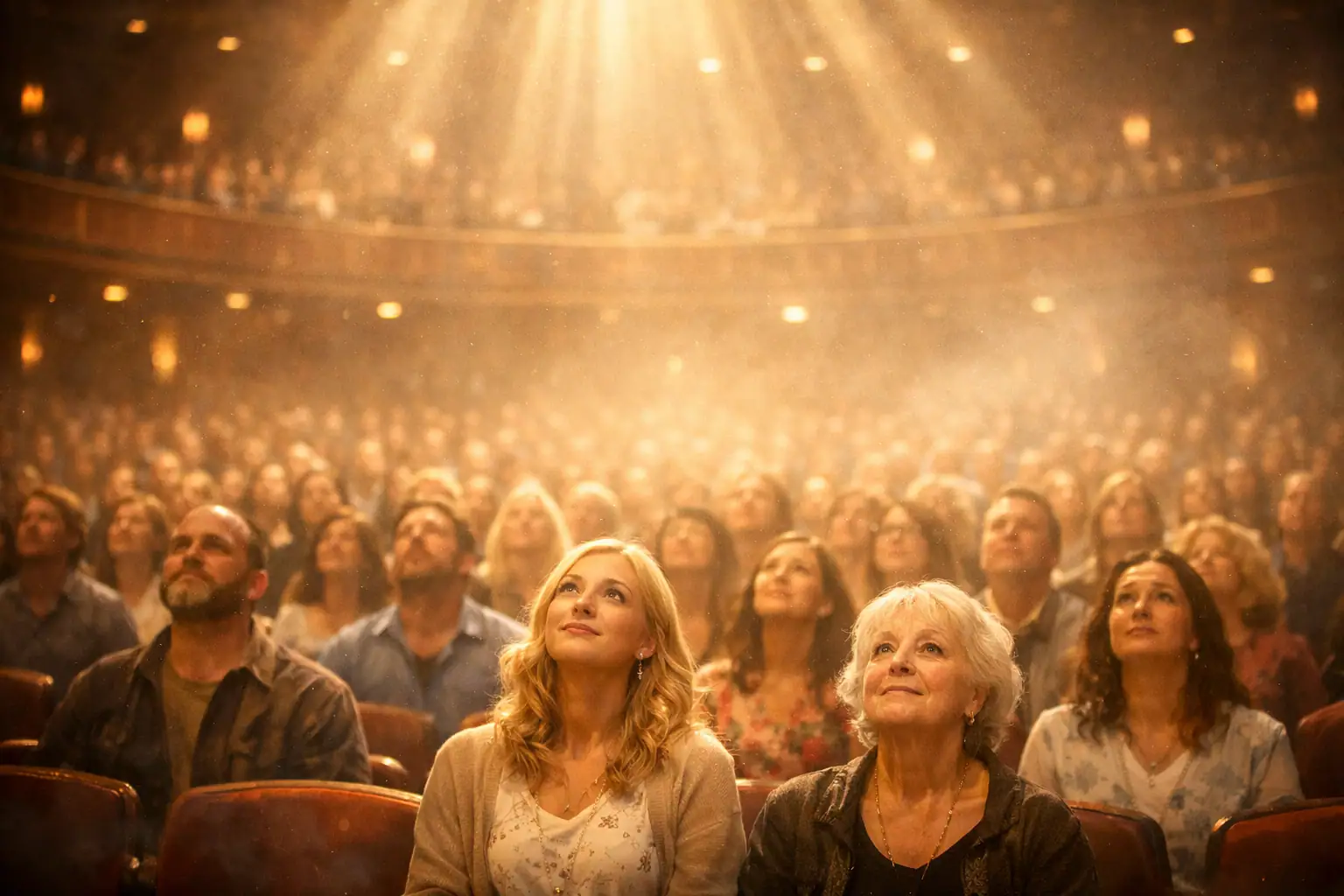 An audience sits in a theater, looking up toward the stage as warm light shines down on Matt Fraser and fills the room with a soft glow.