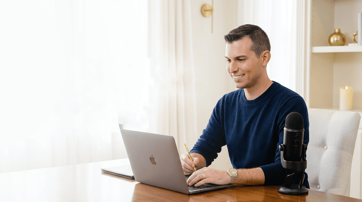 Matt Fraser sits at a wooden desk using a laptop, holding a pencil, with a microphone, notebook, and decor in the background.