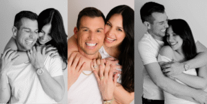 Matt Fraser poses closely with his partner in casual white shirts, smiling and embracing in three photos against a plain backdrop.