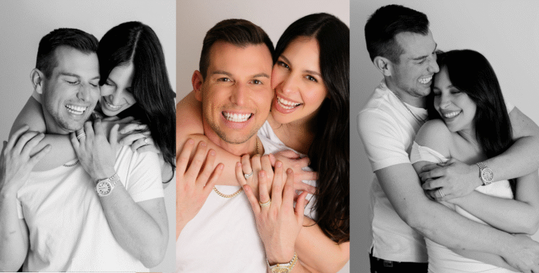 Matt Fraser poses closely with his partner in casual white shirts, smiling and embracing in three photos against a plain backdrop.