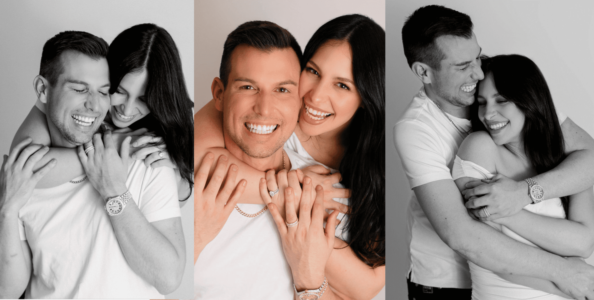 Matt Fraser poses closely with his partner in casual white shirts, smiling and embracing in three photos against a plain backdrop.