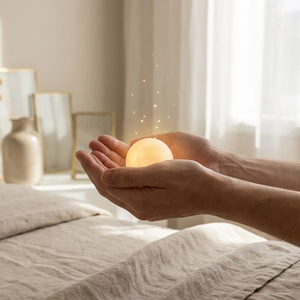 Matt Fraser holds a glowing orb in his hands above a beige bed, with soft light and blurred decor in the background.