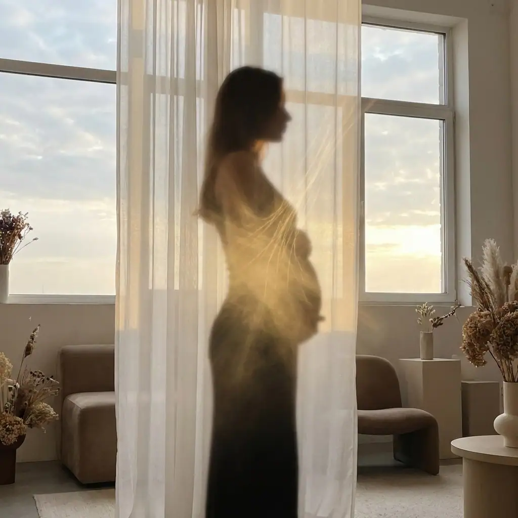 A pregnant woman stands in profile behind a sheer curtain in a softly lit room with modern decor and sunlight streaming through.