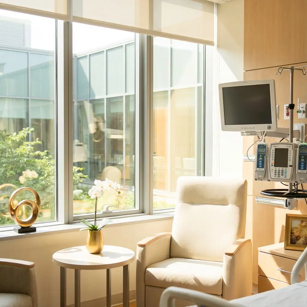 A bright hospital room with a lounge chair, small table with a potted orchid, medical equipment, and large windows letting in natural light.