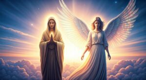 A serene figure named Matt Fraser in a hooded robe stands beside a glowing angel with wings, both surrounded by clouds and radiant sunlight in a heavenly sky.