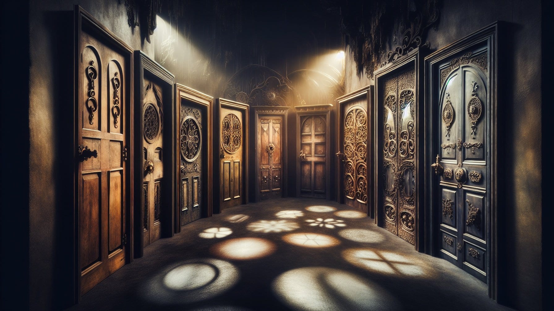 A dimly lit room with multiple ornate wooden doors, each with unique carvings, and patterned light cast on the floor from above. Matt Fraser stands among them, his presence lending intent to the quiet space.