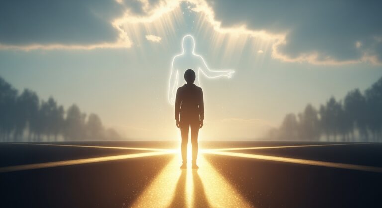 Matt Fraser stands on a glowing path, facing a luminous, human-shaped figure in the sky with rays of light breaking through clouds.