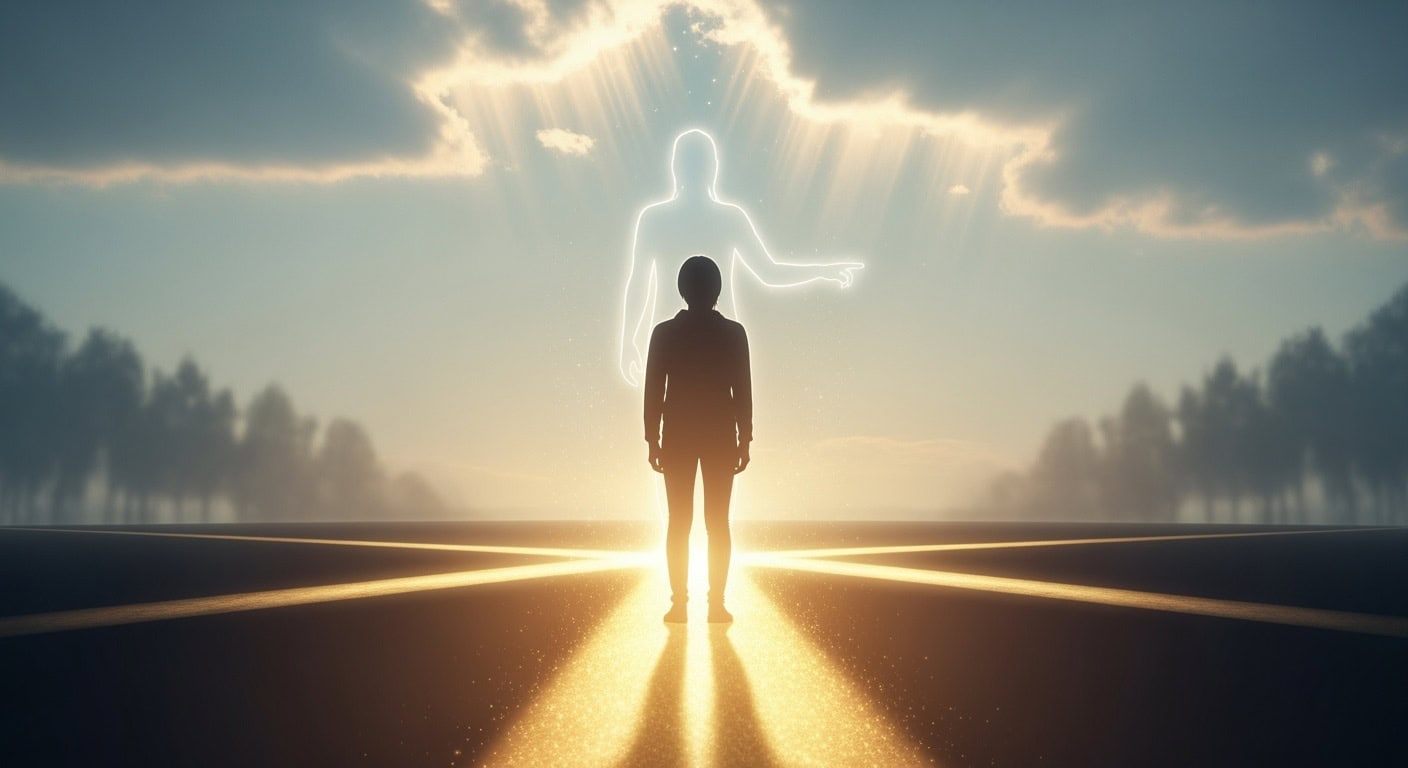 Matt Fraser stands on a glowing path, facing a luminous, human-shaped figure in the sky with rays of light breaking through clouds.