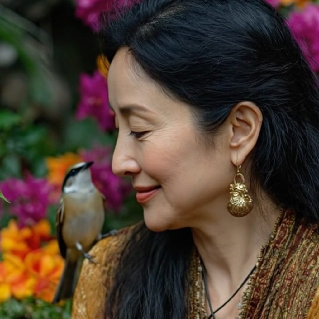 A woman with long dark hair and gold earrings smiles at a small bird on her shoulder, with colorful flowers in the background.