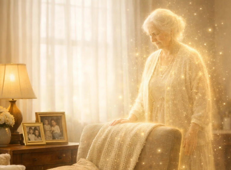 An elderly woman radiating a golden aura stands by a chair in a softly lit room adorned with family photos on a table.