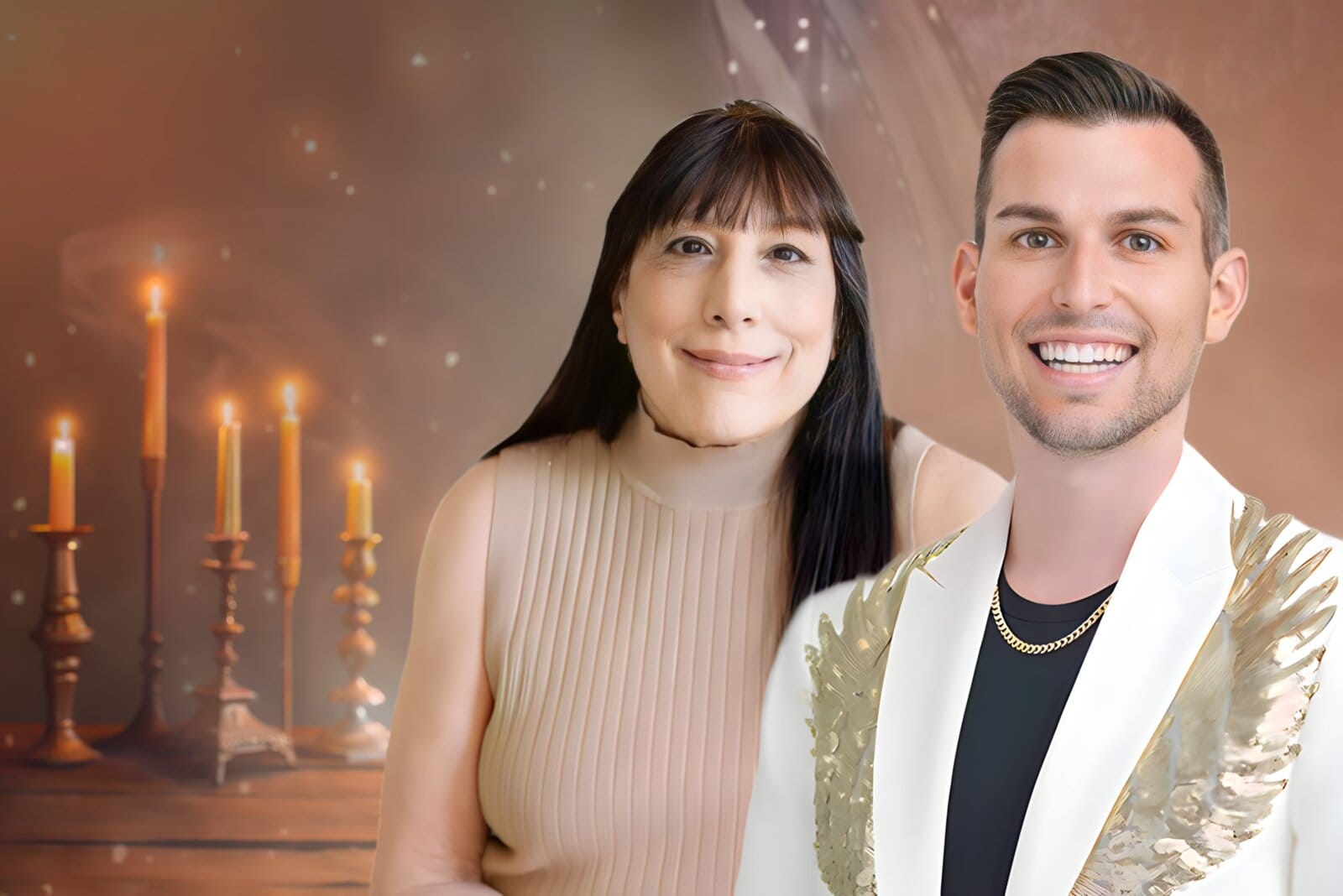 Matt Fraser and Angela Fraser together, smiling at the camera. Lit candles glow behind them against a soft-lit brown background.