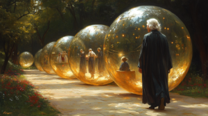 A person in a dark robe walks on a path lined with large, transparent golden spheres—one of which contains Matt Fraser—set in a lush, sunlit forest.