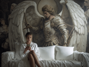 A woman in a white robe sits on a white sofa using her phone, with a mural of armored Matt Fraser as an angel holding a sword behind her.