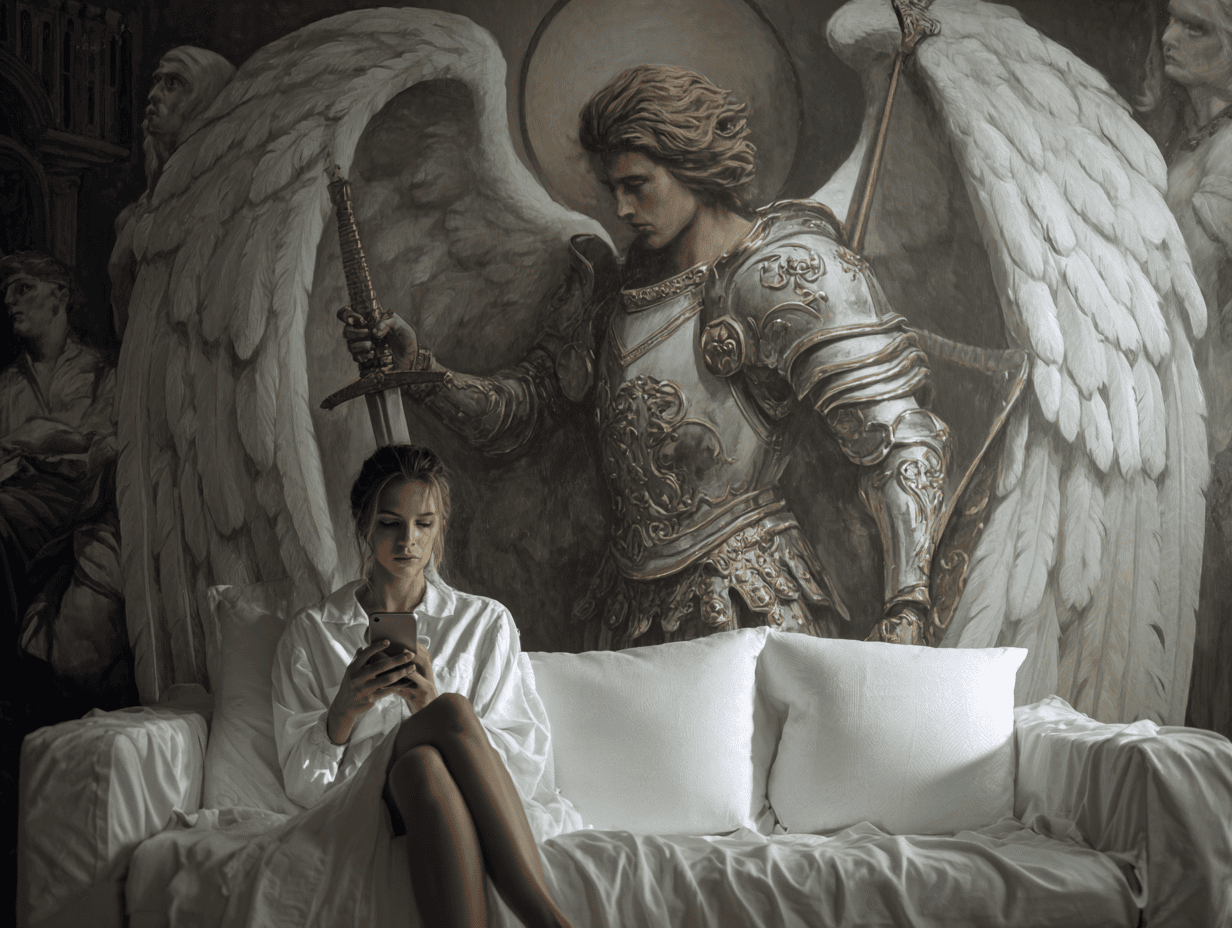 A woman in a white robe sits on a white sofa using her phone, with a mural of armored Matt Fraser as an angel holding a sword behind her.