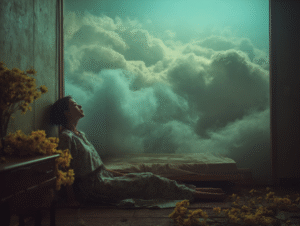 A woman in a floral dress sits on the floor by a bed, gazing up at clouds in the room, yellow flowers scattered around her.