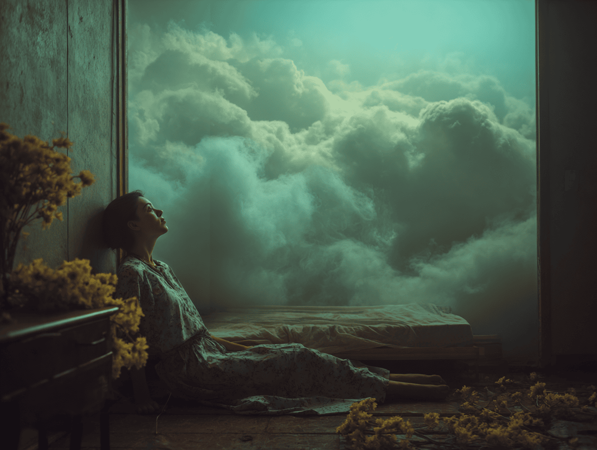 A woman in a floral dress sits on the floor by a bed, gazing up at clouds in the room, yellow flowers scattered around her.
