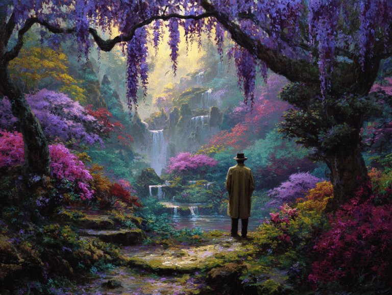 Matt Fraser, in a coat and hat, stands on a path among vibrant flowering trees, gazing at waterfalls in a lush, colorful forest.