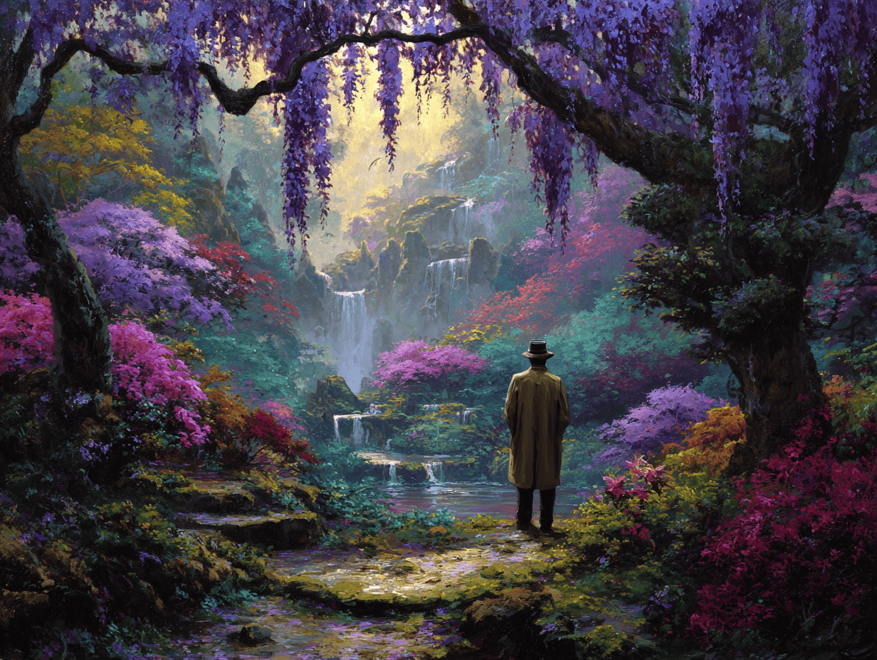 Matt Fraser, in a coat and hat, stands on a path among vibrant flowering trees, gazing at waterfalls in a lush, colorful forest.