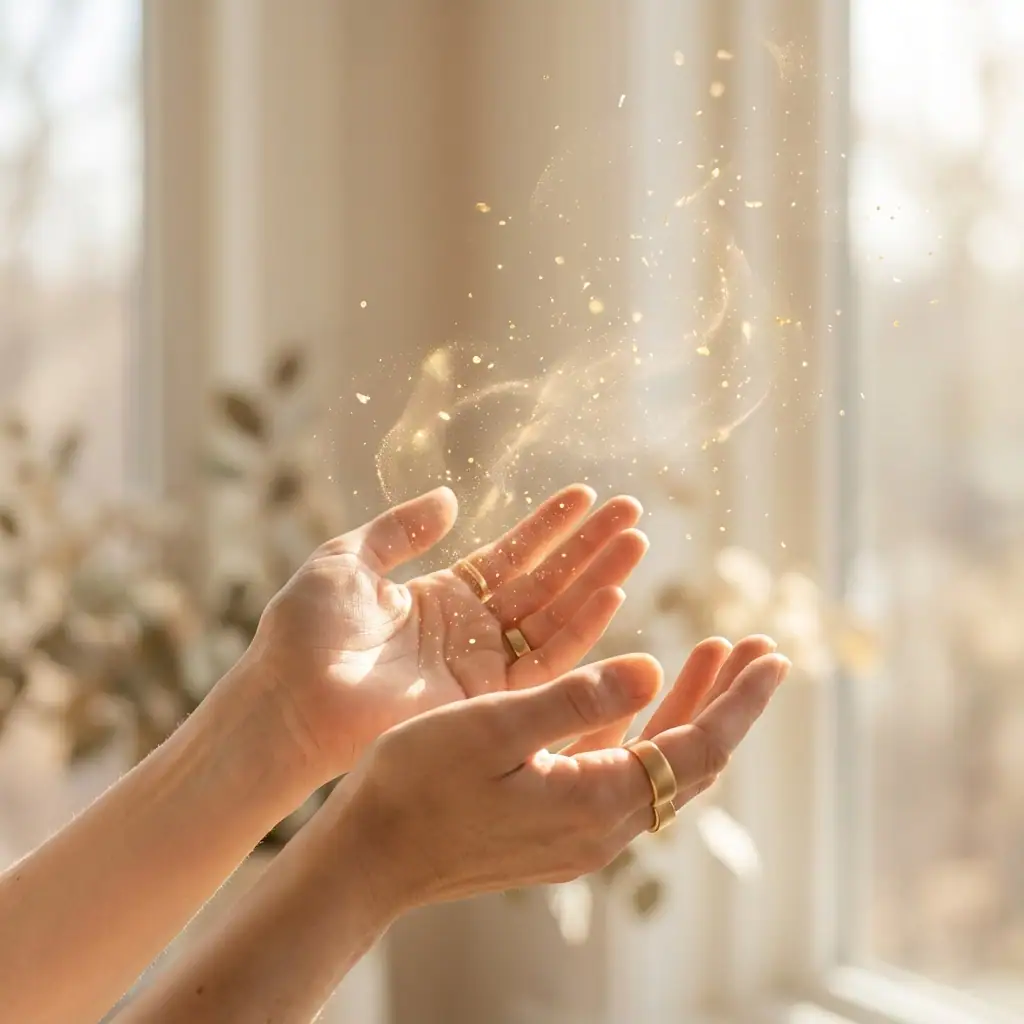 Two hands, each wearing gold rings, are raised by Matt Fraser near a sunlit window with golden dust particles floating in the air.