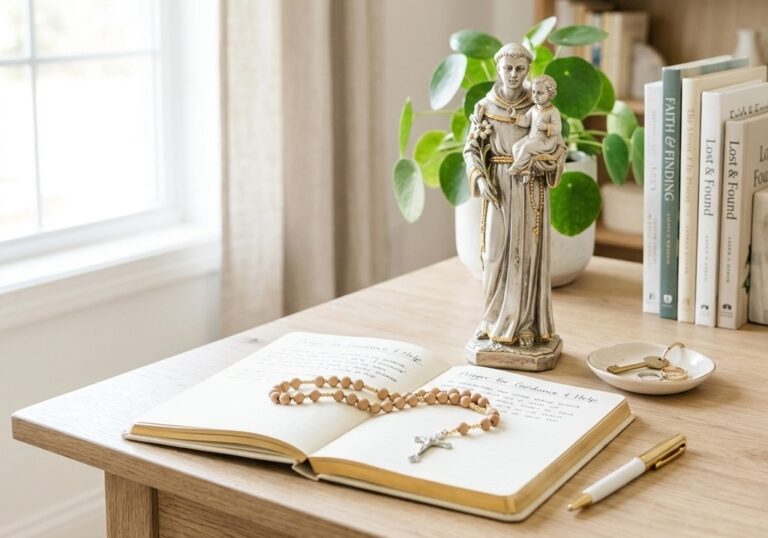 A rosary and open journal rest on a wooden desk with Saint Anthony statue, pen, keys, books, and plant by a sunlit window.