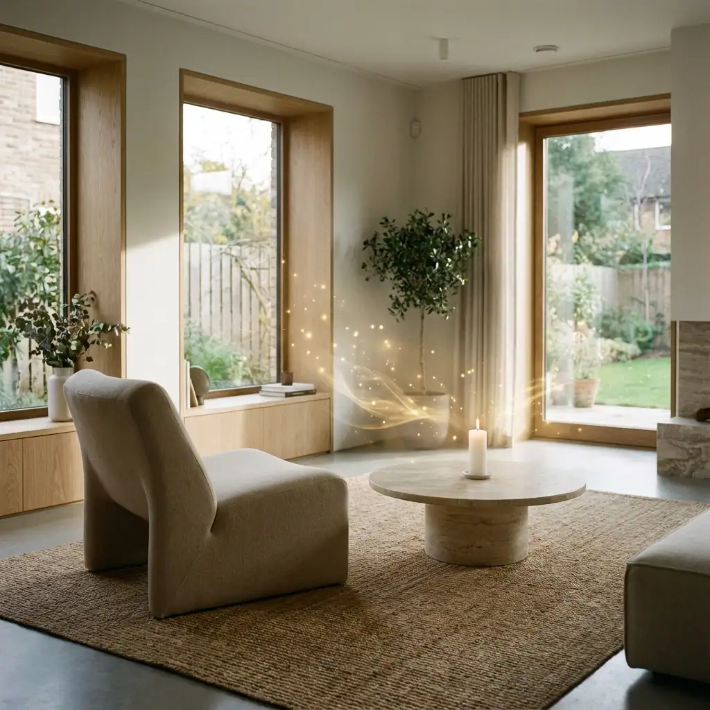 A modern living room with a beige chair, round coffee table with a lit candle, jute rug, plants; golden lights swirl nearby.