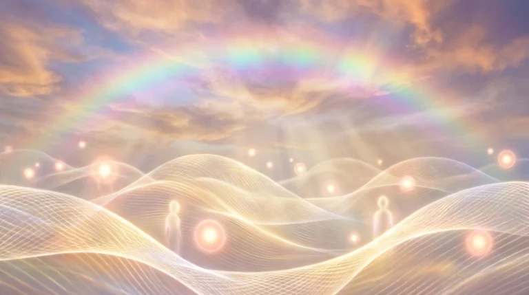 A glowing rainbow arches over surreal light waves, with luminous figures—Matt Fraser among them—and orbs under a vibrant sky.