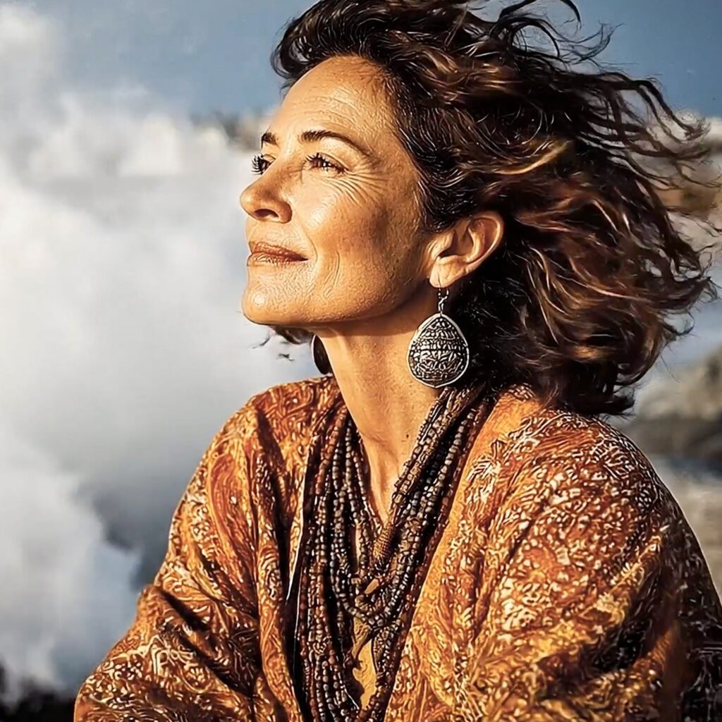 A woman with wavy hair in a patterned top, layered necklaces, and a big earring looks up outdoors near mist or clouds.