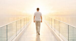 Matt Fraser walks alone on a glass-walled pathway toward a glowing light over water, in a calm and serene setting.