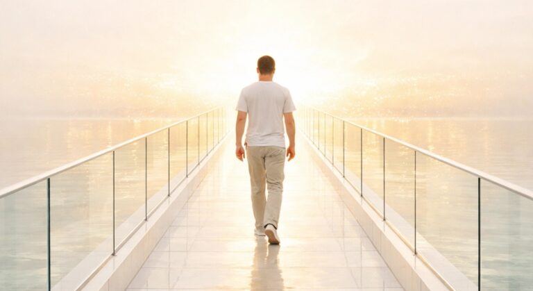 Matt Fraser walks alone on a glass-walled pathway toward a glowing light over water, in a calm and serene setting.