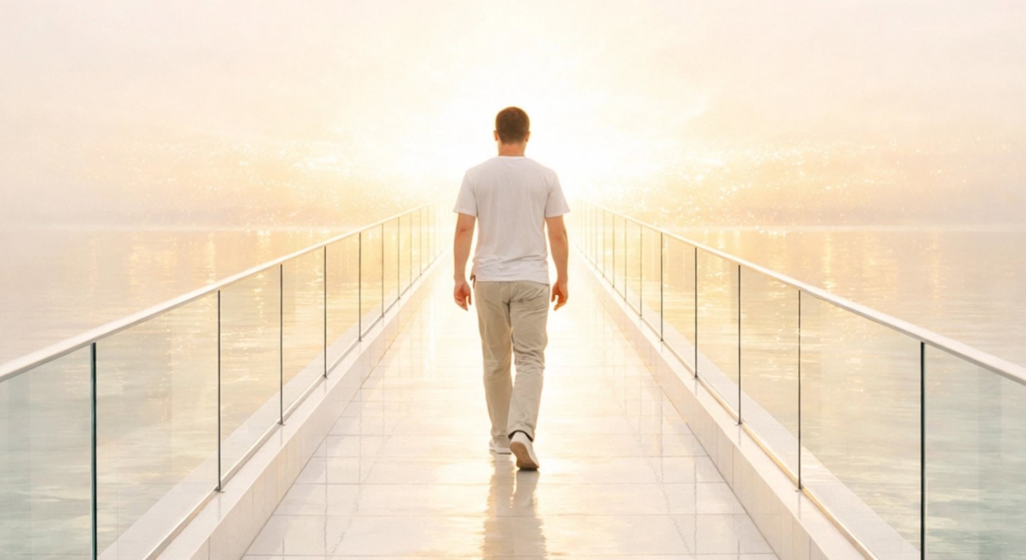 Matt Fraser walks alone on a glass-walled pathway toward a glowing light over water, in a calm and serene setting.