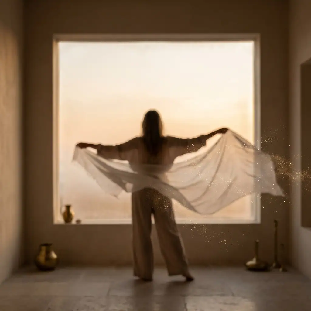 Matt Fraser stands in front of a large window holding a sheer fabric, with brass vases and candleholders on the floor nearby.