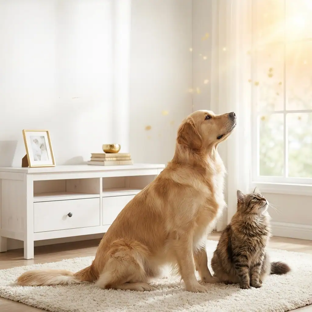 A golden retriever and a tabby cat sit together on a rug in a bright, sunlit living room near a large window.